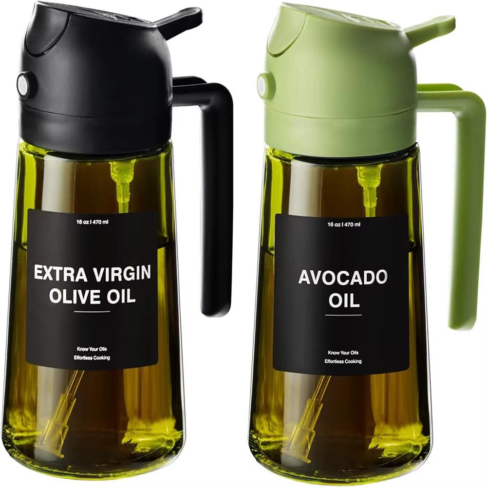 470 ML Oil Sprayer for Cooking,2-In-1 Olive Oil Dispenser and Oil Spray Bottle,Oil Spray with Stickers, Thick Glass Spray Bottle