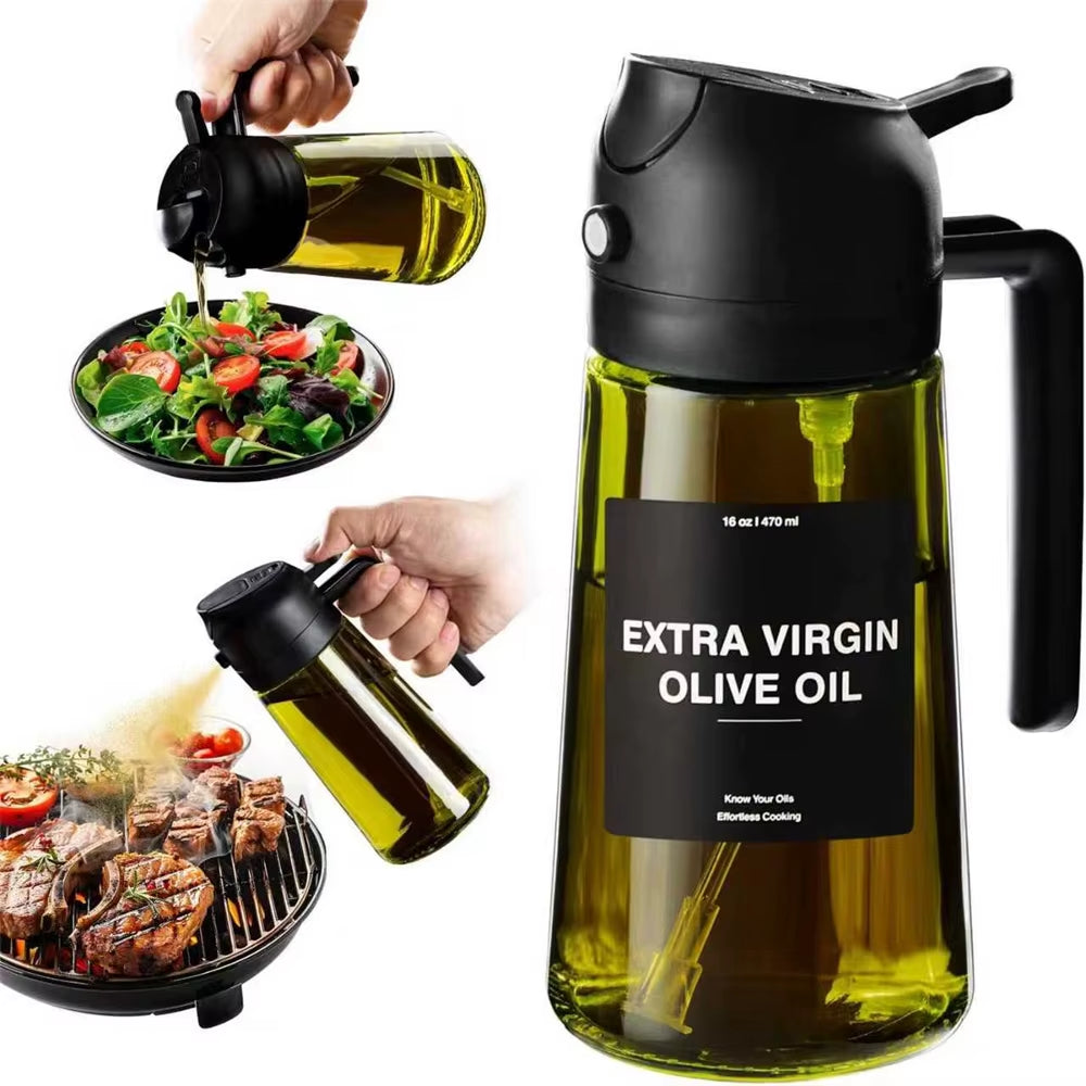 470 ML Oil Sprayer for Cooking,2-In-1 Olive Oil Dispenser and Oil Spray Bottle,Oil Spray with Stickers, Thick Glass Spray Bottle
